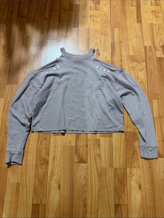 PINK Victoria's Secret Tops - PINK Victoria's Secret Cropped Cold-Shoulder Sweatshirt in Taupe